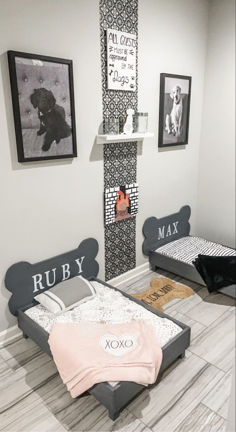 Dog Room Bedroom, Dog Homes Ideas Indoor, Dog Room With Tv, Dog Bed Decor Spaces, How To Decorate A Dog Room, Cat And Dog Bedroom Ideas, Dog Spaces In Bedroom, Dog Bedrooms In House Ideas, Dog Room Decor Small Spaces