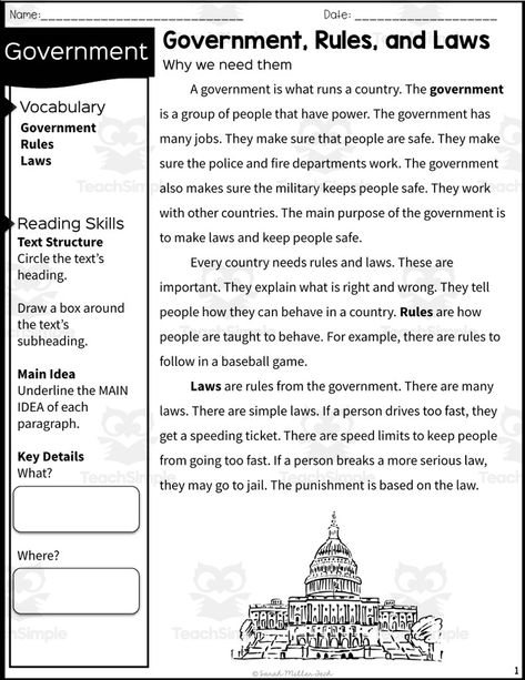 This resource is a 2nd Grade Reading Packet: Government, Rules, and Laws.This is a great no prep resource that all you have to do is print and go!Students will love learning government as they read an informative passage and apply vocabulary terms.Worksheets included such as multiple-choice questions and graphic organizers will allow them to show what they know.These work well for social studies or reading instruction.Answer keys included. 3rd Grade Civics And Government, Second Grade Government Activities, 2nd Grade History Curriculum, 2nd Grade Social Studies, Small Reading Groups, Usa History, Rules And Laws, Homeschool Social Studies, Text Structure