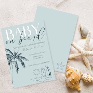 Editable Baby on Board, Surf, Ocean Themed Baby Shower invitation template. Surfer Theme Baby Shower Ideas, Baby On Board Invitation, Ocean Theme Baby Shower Ideas Boy, Beach Themed Baby Shower Ideas, Baby On Board Shower Theme, Surf Baby Shower Theme, Coastal Baby Shower Theme, Baby On Board Baby Shower Ideas, Baby Shower Beach Theme