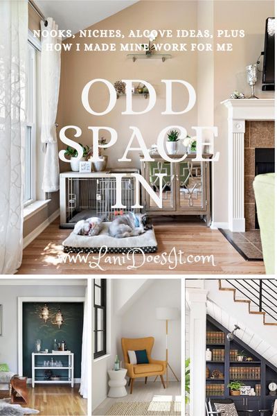 NOOKS, NICHES, ALCOVES IDEAS, AND HOW I MADE MINE WORK FOR ME. Also, how to hide wiring behind fireplace.  #homedecor #interiordecor #oddspaces #lanidoesit #pinteresthouse #diyhomedecor Small Fireplace Nook, Odd Hallway Space, Alcove Furniture Ideas, Storage Nook Ideas Small Spaces, Tv Nook Next To Fireplace, Living Room With Nook Spaces, What To Do With Alcove In Living Room, Decorating Nooks In Living Room, How To Decorate Odd Spaces