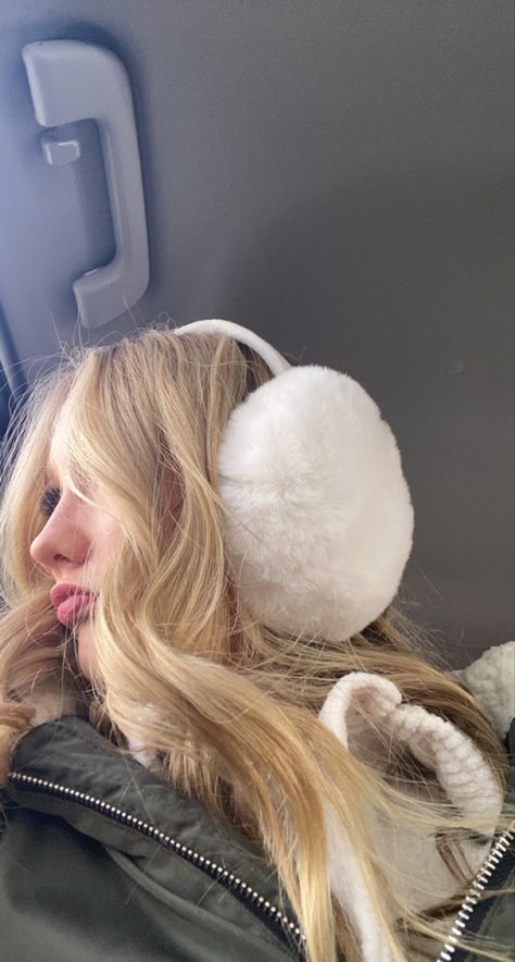 #winter #earmuffs Puffy Earmuffs, Ear Muffs Aesthetic, Earmuffs Aesthetic, Winter Astethic, White Earmuffs, Earmuffs Outfit, Cute Earmuffs, Cute Winter Fits, Winter Earmuffs