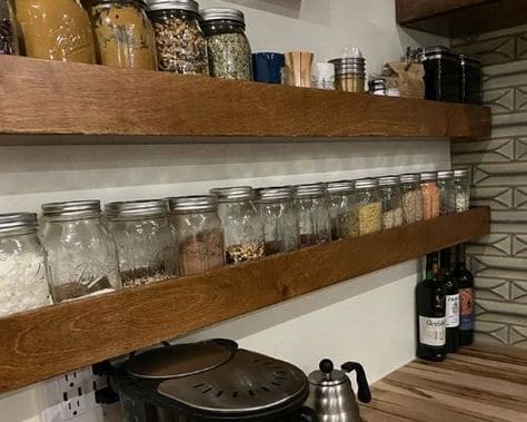 Top 7 Skoolie Storage Ideas for Bedroom, Closets, and Kitchen Jar Shelf Kitchen, Glass Jars Storage Ideas, Mason Jar Shelf Diy, Mason Jar Storage Shelves, Mason Jar Under Cabinet Storage, Mason Jar Food Storage Ideas, Mason Jar Shelf Kitchen, Mason Jars Storage Ideas, Mason Jar Storage Ideas Organizations