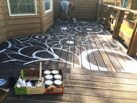 alisaburke: painted deck project Half Pergola, Painted Floor Tiles, Spanish Patio, Painted Deck, Patio Decor Ideas, Painting Tile Floors, Pergola Ideas, Deck Paint, Deck Projects