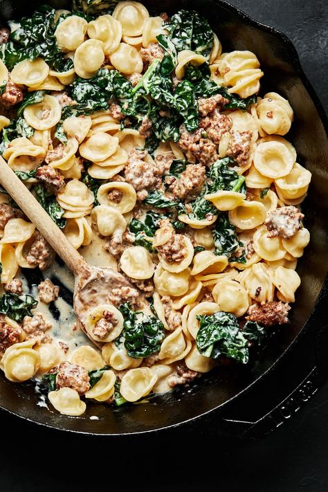 Lemon Pasta With Sausage, Spicy Sausage Orecchiette, Creamy Chicken Sausage And Kale Cavatappi, Dinners With Kale, Sausage Pea Pasta, Oriecchete Recipes, Pasta Kale Recipes, Dinner With Kale, Sausage Kale Pasta Recipes