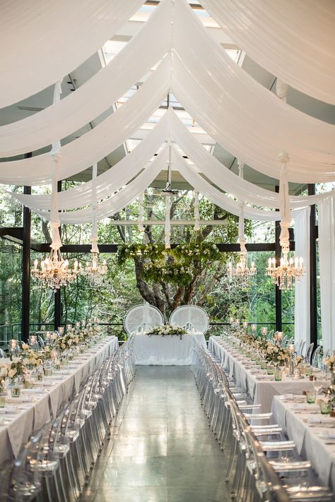 Ceiling Decorations For Party, Uluwatu Wedding, Drapes For Wedding, Timeless Wedding Decor, Wedding Ceiling Decorations, Ceiling Drapes, Glass House Wedding, Arch Draping, Draping Wedding