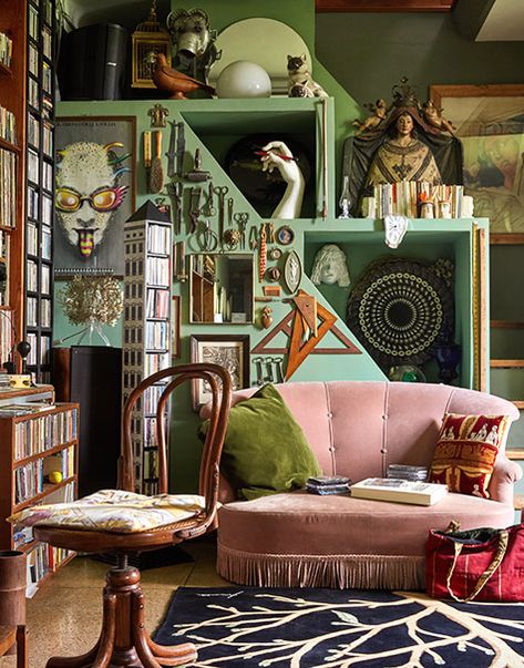 Barnaba’s music room holds a Fornasetti Architettura CD tower and a Quattro stagioni (Four Seasons) rug produced by Barnaba in the early 2000s. Behind the pink velvet sofa are drawings by Piero and several working instruments Maximalist Interior Design, Eclectic Maximalism, Maximalist Interior, Maximalist Home, Interior Vintage, Deco Retro, Maximalist Decor, Maximalism, Eclectic Interior