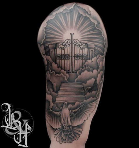 Heavens Gates Tattoo Design, Stairs To Heaven Tattoo, Gates Of Heaven Tattoo, Gate Tattoo, Stairway To Heaven Tattoo, Cloud Tattoo Sleeve, Bible Tattoos, Side Neck Tattoo, Heaven Tattoos