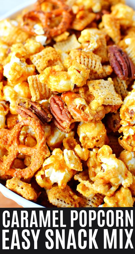 Caramel Popcorn Snack Mix with chex cereal, popcorn, pretzels and homemade caramel sauce! Homemade caramel sauce over fresh popcorn, Chex cereal, and pretzels is a deliciously addicting snack mix that the entire family won't be able to get enough of! #chexmix #popcorn #caramel Popcorn Chex Mix Caramel Corn, Carmel Cereal Snack, Savory Popcorn Snack Mix Recipes, Best Caramel Popcorn Recipe, Popcorn Party Mix Recipes, Caramel Snack Mix Recipes, Chex Mix With Popcorn, Carmel Chex Mix Recipes, Recipes Using Popcorn