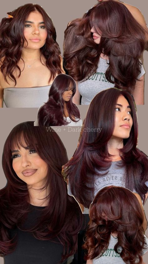 #hair #hairinspo #winehaircolor #darkcherry Dark Red Hair With Shadow Root, Brown Hair Maroon Highlights, Dark Brown With Cherry Highlights, Cool Skin Hair Color Ideas, Hair Colours For Hazel Eyes, Chocolate Brown All Over Hair Color, Black Reddish Hair, Red Hair And Money Piece, Brown Wine Hair Color