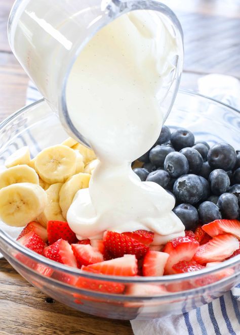 Red White and Blue Salad - Barefeet in the Kitchen Vanilla Dressing, Red White And Blue Salad, Usa Dessert, Red White And Blue Fruit, Creamy Fruit Salad, 4th July Food, Creamy Fruit Salads, French Vanilla Creamer, Blue Salad