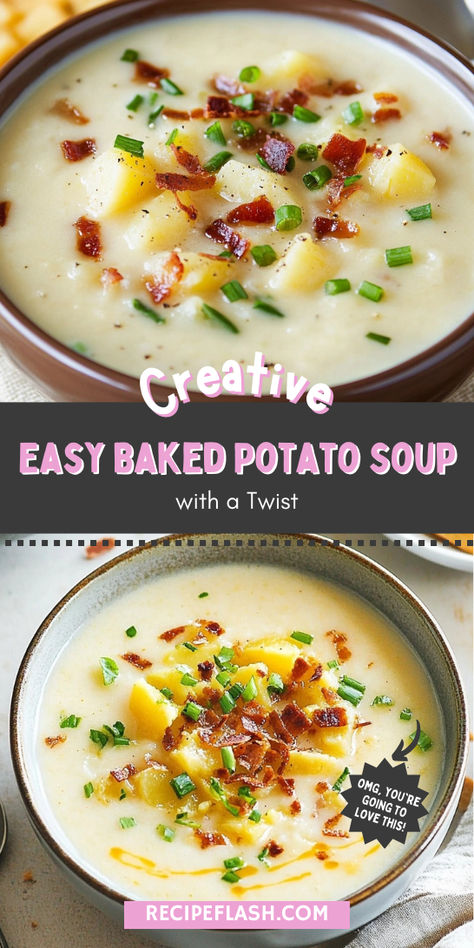 Searching for an effortless dinner idea? This easy baked potato soup recipe is creamy and delicious, making it a perfect choice for a satisfying meal that the whole family will love any night of the week. Dinner Ideas With Potatoes Meals, Light Potato Soup, Easy Baked Potato Soup Recipe, Super Easy Potato Soup, Twice Baked Potato Soup, Bake Potato Soup, Easy Baked Potato Soup, Dairy Free Potato Soup, Loaded Potato Soup Recipe