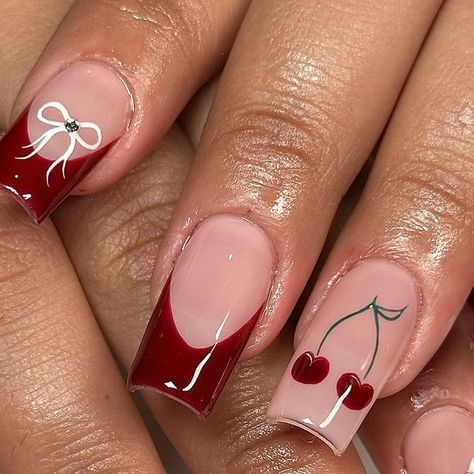 𝔾𝕖𝕝 𝕏 ℕ𝕒𝕚𝕝𝕤 on Instagram: "🍒🎀 • • • Inspo Pinterest   #Explorepage #gelxnails #gelx #nailsofinstagram #nails #nailart #naildesigns #nailsonfleek #nailsoftheday #nailinspiration #naillove #nailjunkie #gelnails #apresgelx #funnails #funnailart #cutenails #ienails #riversidenails #redfrenchtip #cherrynails" Gel X Nails, X Nails, Kiss Nails, Cherry Nails, Cool Nail Art, Instagram Inspo, Nails On Fleek, Nails Nailart, Fun Nails