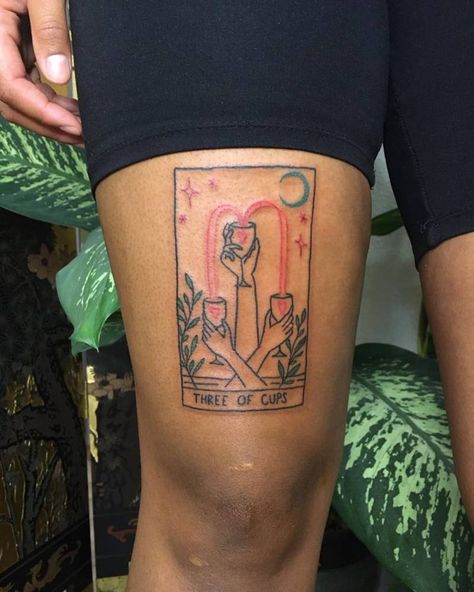 9 Of Cups Tarot, Three Of Cups Tarot Card, Tarot Card Tattoos, Three Of Cups Tarot, Tattoo On The Thigh, 9 Of Cups, Card Tattoos, Three Of Cups, Occult Tarot