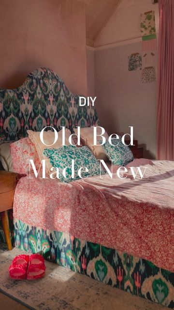 Interiors, Colour & Crafts on Instagram: "🌺 BED UPCYCLE 🌺 You asked for a ‘how to’ so here it is! I can’t believe we’ve lived here 5 years now, and whilst other things have taken priority, me and Joe have slept in our mouldy, damp, peeling and crumbling bedroom… but it’s finally time to make it shine 🤭 - Step one of the makeover - make our old, cat scratched bed into a dream bed - I think I achieved it 🥹 what do you think?! - If you’re thinking of making a headboard or recovering an old bed Upcycling Old Duvet Covers, Sewing A Duvet Cover, Bed Upcycle, Making A Headboard, Cat Bed From Sweater, Upcycled Pet Bed, Pricesess Dog Bed From Old Chair, How To Make Headboard, Old Beds