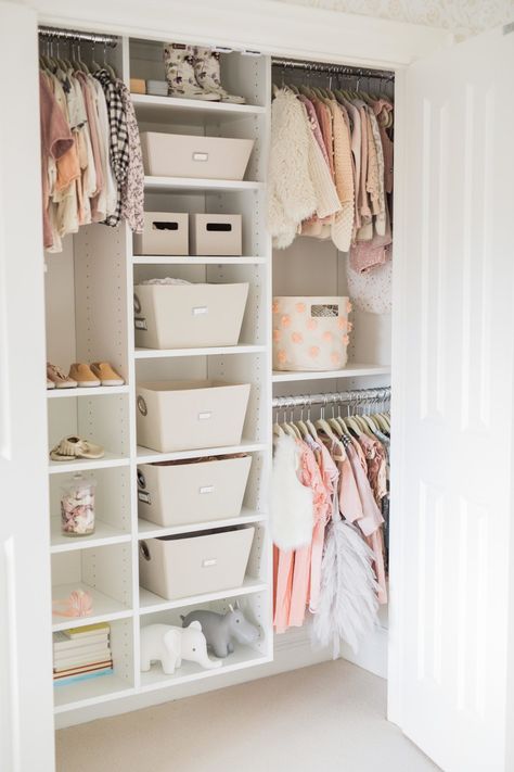 Girls Closet Organization, Kids Bedroom Organization, Organization Shelves, Closet Storage Bins, Nursery Closet Organization, Baby Closet Organization, Organized Closet, Bedroom Closet Storage