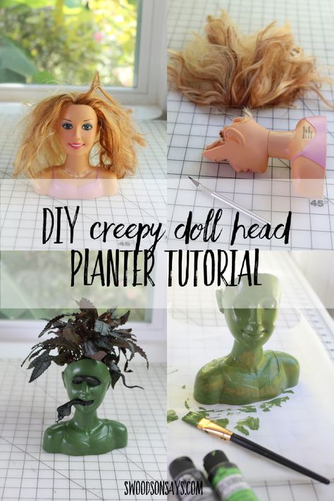 Doll Head Planter Diy, Thrifted Halloween, Halloween Sewing Crafts, Diy Halloween Doll, Doll Head Planter, Redone Furniture, Upcycled Sewing, Spooky Crafts, Creepy Gift