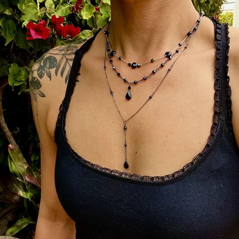 Long Black Necklaces, Long Drop Necklace, Wedding Boards, Dope Jewelry, Funky Jewelry, Jewelry Lookbook, Gunmetal Grey, Jewelry Inspo, Dream Jewelry