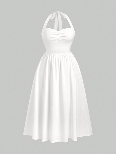 Plus Size Elegant Solid Color Backless Halter Dress For Summer White Casual  Sleeveless Knitted Fabric Plain A Line Medium Stretch  Women Plus Clothing, size features are:Bust: ,Length: ,Sleeve Length: White Dresses Casual, Halter Summer Dress, Casual White H&m Dress, Cheap White Dresses By H&m, H&m White Casual Dresses, White Sleeveless Princesscore Dress, White Ruffled Dresses By H&m, Plain White Dress, Halter Dress Summer