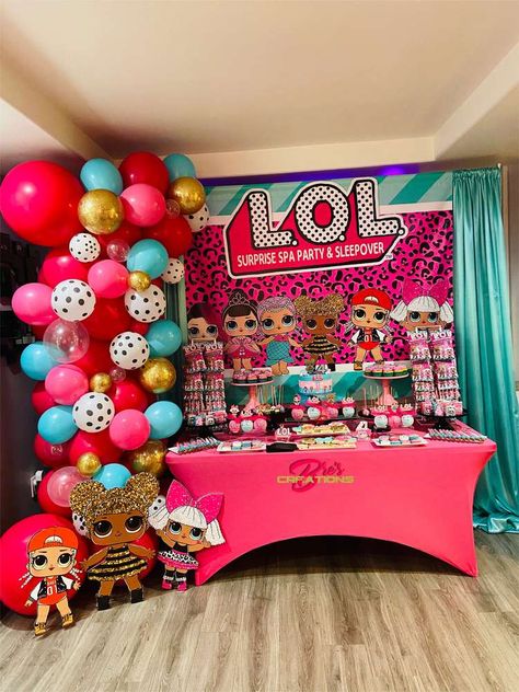 Loyalty’s “LOL Surprise Spa and Sleepover Birthday Party | CatchMyParty.com Lol Doll Birthday Party Decorations, Lol Food Party Ideas, Lol Pool Party Ideas, Lol Sleepover Party Ideas, Lol Surprise Dolls Birthday Party, Lol Surprise Treat Table, Lol Surprise Theme Birthday Party Ideas, Lol Omg Birthday Party Ideas, Lol Surprise Decorations