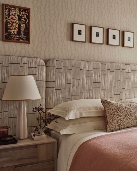 The guest bedroom in Project Bloom features a soft neutral palette, a bespoke headboard, and carefully curated details that evoke calm. In the ensuite, whitewashed oak vanity joinery and a striking Crema Delicatus granite countertop create a seamless flow between the two spaces. Photographer: @studio_rochowski   #elicyon #luxuryinteriordesign #bespokeinteriordesign #bathroomdesign #projectbloom Woven Bed Bench, Tambour Headboard, Wall To Wall Headboard, Wavy Headboard, Bespoke Headboard, Delicatus Granite, Whitewashed Oak, Bedroom Beige, Oak Vanity