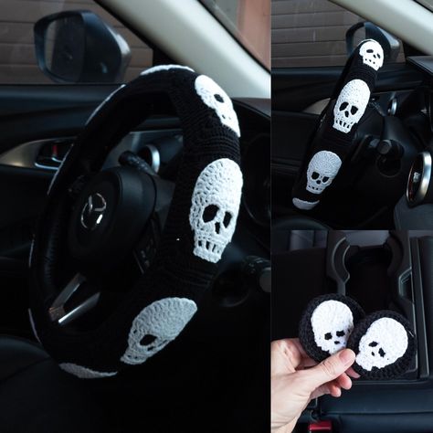 Black Skull Steering Wheel Cover Crochet for men | Halloween car accessories interior decor -  #accessories #Black #Car #cover #Crochet #decor #Halloween #interior #Men #Skull #Steering #Wheel Goth Car Interior Decor, Halloween Car Accessories, Volkswagen Beetle Decor, Skull Steering Wheel Cover, Goth Car Interior, Crochet For Men, Patchwork Granny Square, Horror Crochet, Halloween Car Decorations