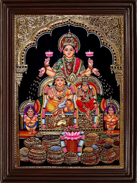 MyAngadi Traditional Kubera Lakshmi Tanjore Painting - 22 Carat Gold Foil (100x68 cm): Amazon.in: Home & Kitchen Kubera Lakshmi, Lakshmi Tanjore Painting, Goddess Mahalakshmi, Mysore Painting, Indian Artwork, Wonder Art, Hindu Statues, Lakshmi Images, Hanuman Wallpaper