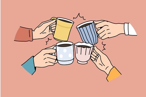 Close up of diverse friends cheers with mugs drink coffee together in morning. People cling cups enjoy tea ceremony, relax eating drinking beverages. Non alcoholic celebration. Vector illustration. Tea Cups Illustration, People Drinking Coffee Illustration, Drink Coffee Illustration, Drinking Tea Illustration, Chai Tapri, Cheers Illustration, Relaxing Illustration, Cheers Coffee, Coffee Cup Illustration