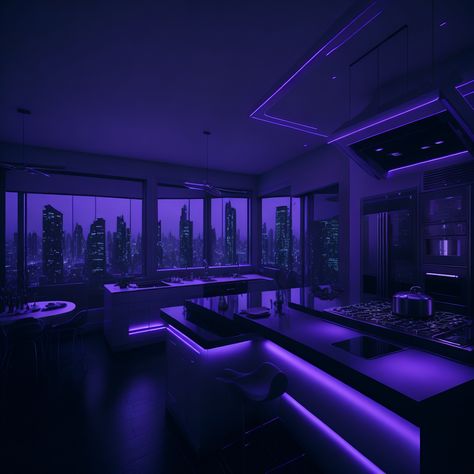 Purple And Black House, Led Penthouse, Black Purple Aesthetic, Aesthetic Room Led, Black Penthouse, Black Luxury House, Purple Led Lights, New York Penthouse, Black Bedroom Design