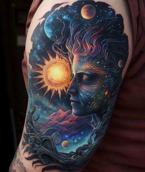 17 Whimsical Tattoo Sleeve Designs Bodypainting, Celestial Half Sleeve Tattoo, Eye Galaxy Tattoo, Psycadelic Tattoo Art, Celestial Dragon Tattoo, Color Cover Up Tattoo, Universe Tattoo Sleeve, Psycadelic Tattoo Ideas, Cosmic Tattoo Galaxies