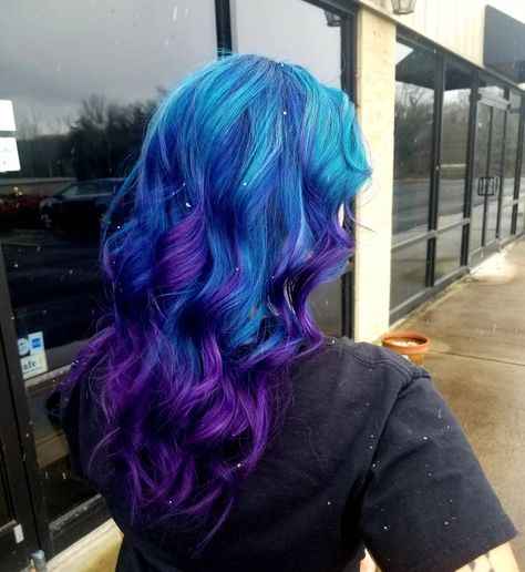 Bright Blue And Purple Hair, Purple To Teal Ombre Hair, Blue And Purple Hair With Bangs, Blue Purple Teal Hair, Dyed Hair Purple And Blue, Aurora Borealis Hair Color, Blue Hair With Purple Tips, Blue Galaxy Hair, Blue And Purple Hair Dye Ideas