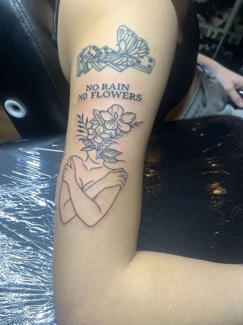 No Rain No Flowers Tattoo Thigh, No Rain No Flowers Tattoo Leg, Rain And Flowers Tattoo, No Rain No Flowers Tattoo Arm, Amanda Tattoo, No Rain No Flowers Tattoo, Rain Tattoo, Flower Thigh Tattoos, Favorite Tattoos