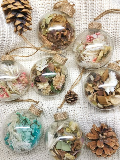 You can make these simple glass baubles by filling them with any dried florals you desire #baubles #ornaments #christmasdecor #christmasideas #christmasornaments #christmascraft Glass Baubles With Dried Flowers, Filled Baubles Ideas, Australian Bush Christmas, Upcycled Baubles, Crafts With Plants, Clear Bulb Ornament Ideas, Reggio Emilia Activities, Filled Baubles, Novogodisnje Dekoracije