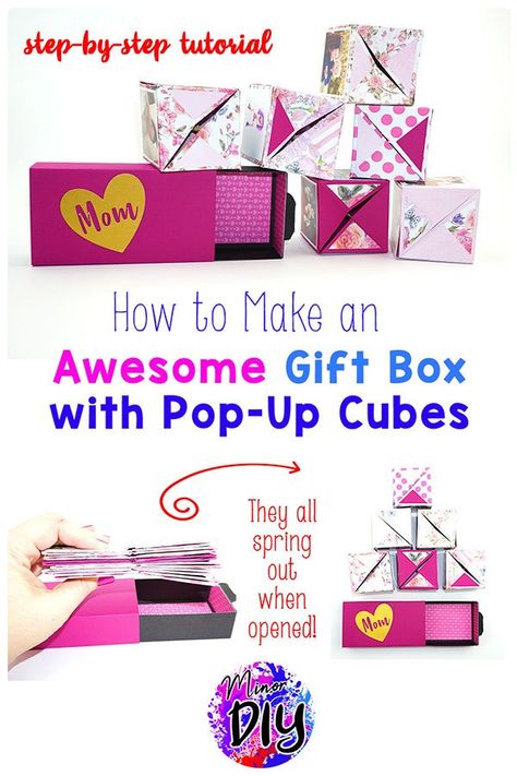 Everyone will LOVE this gift box! The cubes jump out.  #gift #bestgift #photogift #giftforfriend #giftforboyfriend #giftforman #giftforbestfriend Pop Up Cubes, Money Box Diy, Diy Surprise Box, Diy Exploding Box, Exploding Gift Box, Cube Template, Photo Gifts Diy, Gifts Forbest Friend, Exploding Box Card