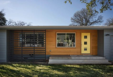 Mid Century Modern Exterior, Ranch House Exterior, Mid Century Exterior, Mid Century Ranch, Ranch Exterior, Concrete Stairs, Front Deck, Yellow Doors, Modern Ranch