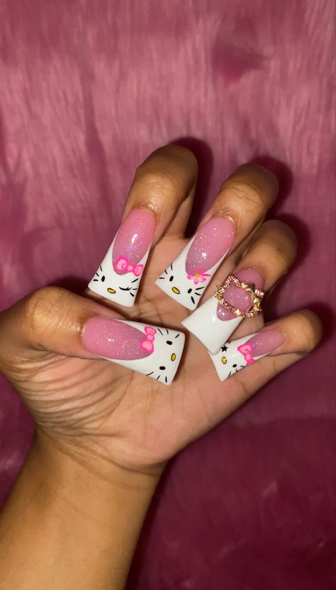 Nail Inspo Feet And Hands, Pink Hello Kitty Duck Nails, Press On Duck Nails, Long Duck Nails Y2k, Duck Nails Inspiration, Sanrio Duck Nails, Cardi B Duck Nails, Duck Nails Acrylic Hello Kitty, Duck Tip Nails Y2k