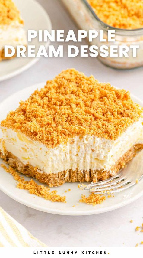 Easy Pineapple Dream Dessert, Heavenly Delight Dessert, Pineapple Delight Recipe, No Bake Pineapple Dream Dessert Recipe, Creamy Pineapple Dream, Pineapple Squares Recipe Graham Crackers, Cream Cheese Pineapple Pie, Pineapple Graham Cracker Dessert, No Bake Pineapple Cheesecake Recipes