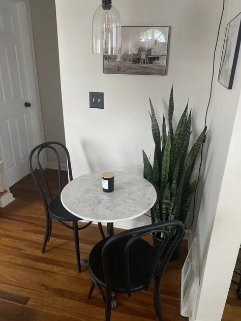 Black Marble Bistro Table, Bistro Table Indoor, Indoor Bistro Table, Marble Bistro Table, Marble Living Room, Apartment Lighting, Metal Bistro Chairs, Table Bistrot, Austin Homes