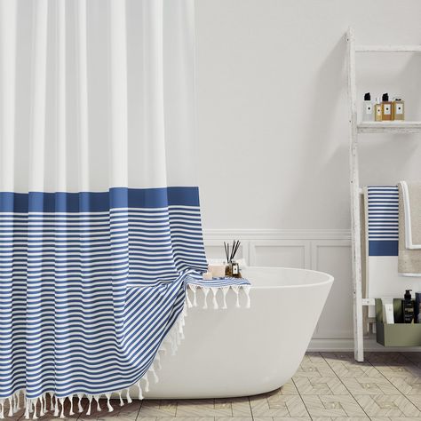 PRICES MAY VARY. 🚿【 Boho Farmhouse Shower Curtain with Stripes and Tassels 】 This tassel shower curtain for bathroom features classic navy blue and white stripes, making this striped shower curtain suitable for diverse decoration styles, like modern farmhouse, vintage, simple, bohemian, shabby chic styles. These unique stripes and tassels are exactly as shown, which can add a boho touch to your master bathroom, guest bathroom or hotel spa. Choose it, you won't be more pleased! 🚿【 Good Quality Tassel Shower Curtain, Bathroom Bohemian, Shower Curtain Farmhouse, Neutral Shower Curtains, Shabby Chic Shower Curtain, Rustic Shower Curtains, Extra Long Shower Curtain, Gray Shower Curtains, Cloth Shower Curtain