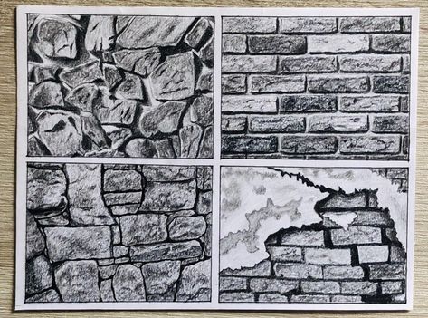 Textures With Pencil, Stone Sketch Drawing, Natural Texture Drawing, Stone Texture Sketch, Bricks Texture Drawing, Wall Texture Drawing, Stone Texture Drawing, Brick Texture Drawing, Textured Sketch