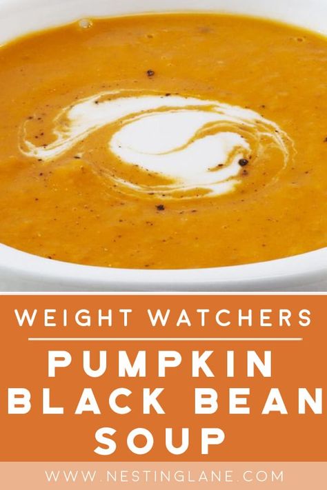 Weight Watchers Pumpkin Black Bean Soup Recipe with garlic, onion, cumin, curry powder, pumpkin puree, broth, and diced tomatoes. A quick and easy, healthy soup. Low calorie, and low fat. 6 WW SmartPoints. Pumpkin Black Bean Soup Recipe, Puree Soups, Soup Low Calorie, Puree Soup Recipes, Low Fat Soups, Low Calorie Pumpkin, Easy Healthy Soup, Pureed Food, Weight Watchers Pumpkin