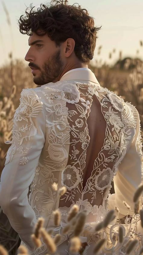 The ‘Backstory Collection’ redefines men’s wedding attire, putting the spotlight on the back details. From intricate embroidery to opulent… | Instagram Conceptual Fashion Men, Royal Wedding Suit, Eccentric Wedding, Eccentric Outfits, Lace Suit, Queer Weddings, Mens Wedding Attire, Wedding Outfit Men, Wedding Dress Men