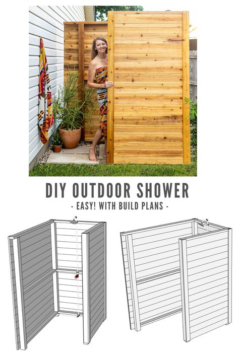 How to build your own refreshing Outdoor Shower! Perfect for hot summer days! Full video tutorial and digital build plans here Outside Shower Ideas, Diy Outdoor Shower Ideas, Outdoor Solar Shower, Shower Privacy, Resort Vibes, Shower Build, Outside Showers, Outdoor Shower Enclosure, Outdoor Shower Diy