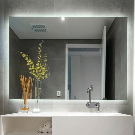 How To Fix A Mirror, Lit Mirror, Bathroom Dimensions, Smart Mirror, Backlit Mirror, Large Wall Mirror, Frameless Mirror, Custom Vanity, Blue Space