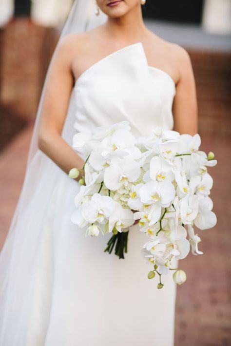 Anna and Butch's Elegant Winter Wedding — A Southern Soiree — A Southern Soiree Bouquet For Mermaid Wedding Dress, Single Stem Orchid Centerpiece, White Bouquet With Orchids, White Roses And Orchid Bouquet, Bride Flower Bouquet Elegant, Wedding Bouquets Orchids, White Orchid Bouquet, Orchid Bridal Bouquets, Orchid Bouquet Wedding