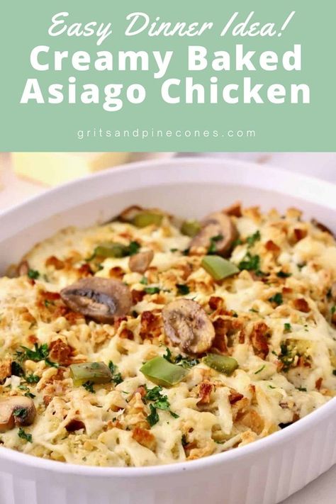 This creamy oven-baked asiago chicken is a show-stopping dinner! It's easy and flavorful and filled with tender chicken breasts, nutty asiago cheese, and earthy mushrooms. This incredible baked chicken in cream sauce is sure to be your family's favorite dinner! Creamy Asiago Chicken, Asiago Recipes, Chicken In Cream Sauce, Asiago Chicken Pasta, Asiago Chicken, Chicken With Mushrooms, Cream Sauce For Chicken, Creamy Parmesan Sauce, Favorite Dinner