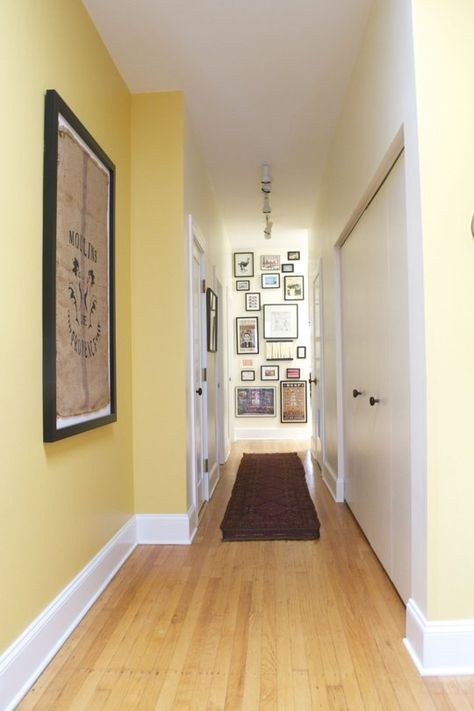 Before & After: The Hallway Needed a Little Help (and has a Stealthy Secret) — Decorating Project Yellow Hallway, Hallway Ideas Diy, Farmhouse Hallway, Hallway Colours, Chicago Apartment, Hallway Designs, Hallway Design, Long Hallway, Foyer Decorating