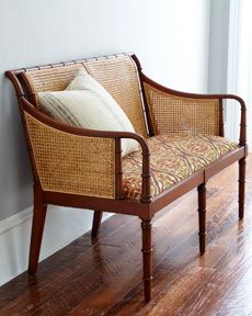 Rattan Bench Seat, Benches For Living Room, Wooden Sofa Chair, Rattan Bench, French Sofa, Neoclassical Interior, Wooden Sofa Designs, Colonial Furniture, French Laundry