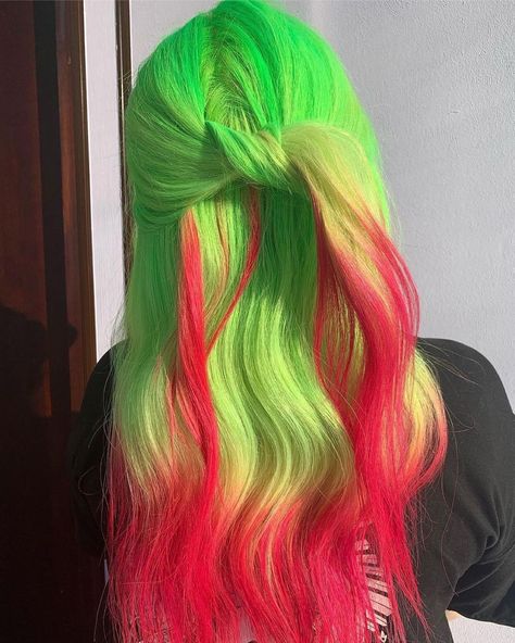 Lunar Tides Hair Colors on Instagram: “In love with this Neon Lime + True Lust melt by @hair_pavlova 🌹🌿#hairinspo #holidayhair” Neon Green Hair, Red Hairstyles, Vivid Hair, Split Dyed Hair, Vivid Hair Color, Creative Hair Color, Dyed Hair Inspiration, Semi Permanent Hair Color, Pretty Hair Color