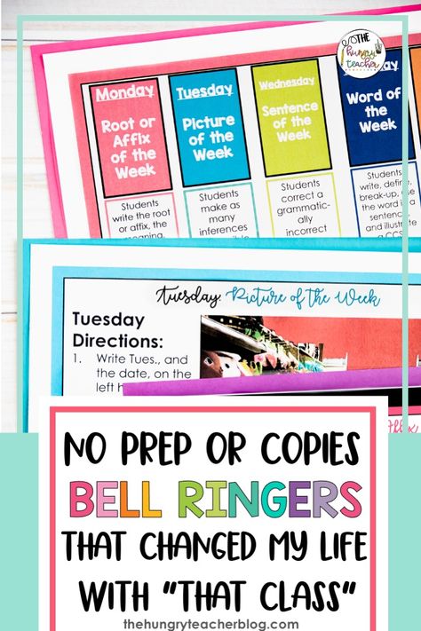 Bell Ringers: How They Changed My Life and Why I Can't Live Without Them - The Hungry Teacher Science Bell Ringers, Math Bell Ringers, Ela Bell Ringers, 8th Grade English, High School Language Arts, Reading And Writing Skills, Teacher Favorites, 6th Grade Reading, Bell Work