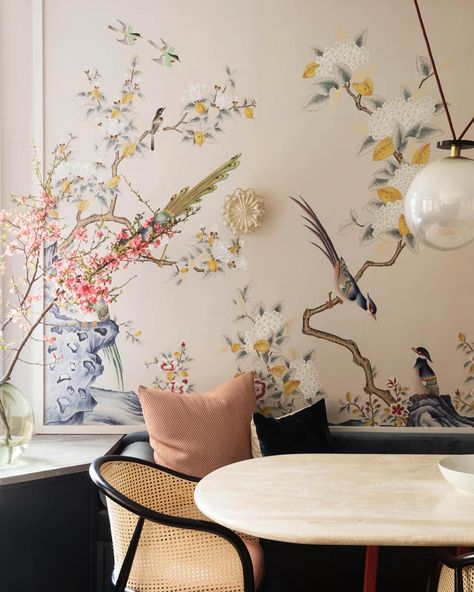 de Gournay | Depicting dramatic rocks dotted with large flowering peonies and daring birds perched on jagged branches, our elegant ‘Japanese Garden’… | Instagram Japanese Dining Room, De Gournay Wallpaper, Dyed Paper, Japanese Garden Design, Hand Painted Wallpaper, Bird Perch, The Wallpaper, Japanese Garden, Chinoiserie